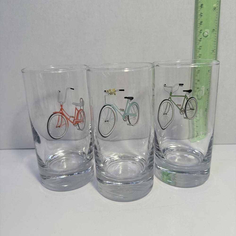 Set of 3 Bicycle Drinking Glasses Clear Tumblers Cycling Bike Designs USA Made - Picture 3 of 4